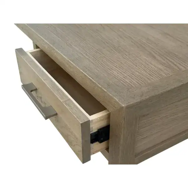 Elegant vintage style rustic oak wood writing desk with a spacious drawer, perfect for a home office setup. Crafted from solid oak wood, combining durability with timeless design.