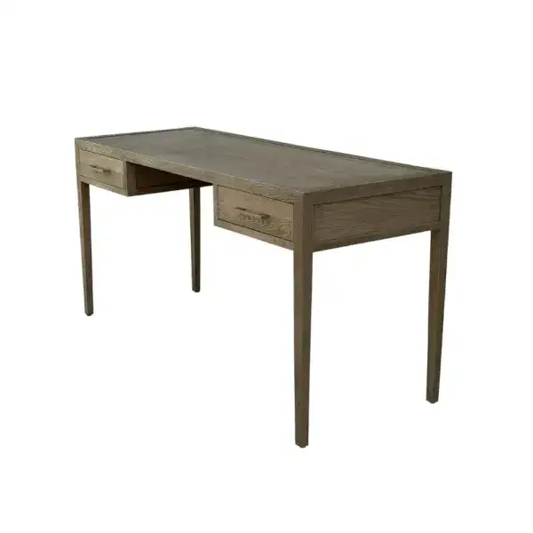 Vintage style rustic oak wood writing desk with a solid construction, featuring a spacious tabletop and two drawers for storage, perfect for a home office or study space.