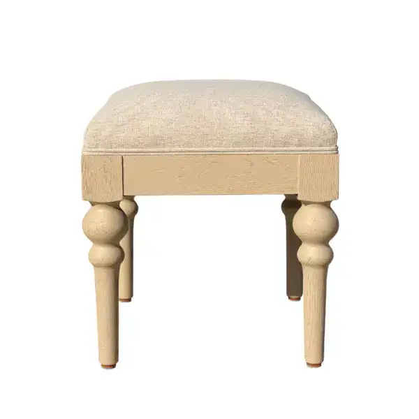 Vintage Oak Linen Vanity Stool Ottoman for Bedroom or Dressing Room.