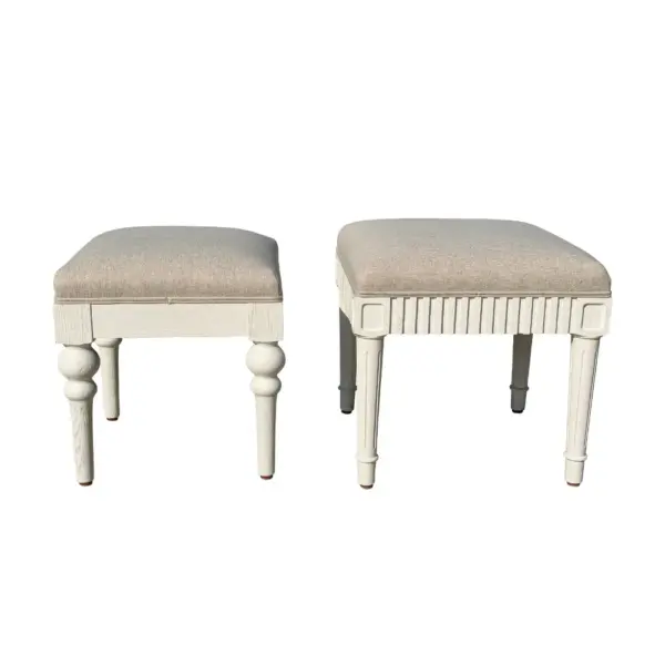 Solid Oak Pure Linen Fabric Vintage Vanity Stool Ottoman