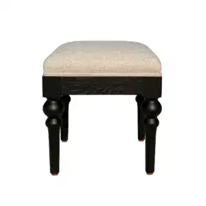 Elegant vintage vanity stool featuring solid oak frame and pure linen fabric upholstery, perfect for classic bedroom or dressing room decor.