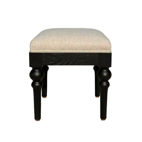 Elegant vintage vanity stool featuring solid oak frame and pure linen fabric upholstery, perfect for classic bedroom or dressing room decor.