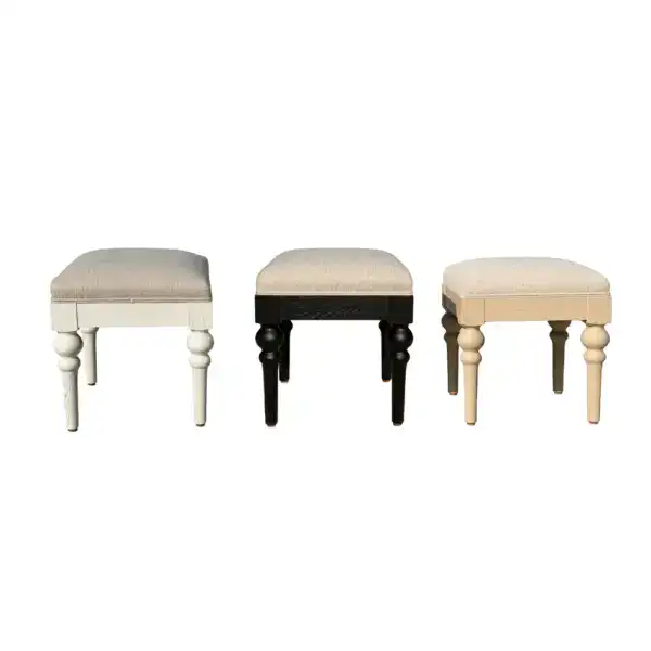 Vintage vanity stool with solid oak frame and linen fabric upholstery, available in white, black, and beige finishes. Perfect for classic or shabby chic decor, offering elegant seating and storage.