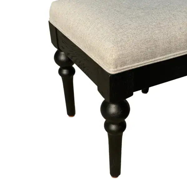 Elegant vintage vanity stool with solid oak frame and pure linen fabric upholstery. Perfect for classic bedroom decor, offering comfort and timeless style.