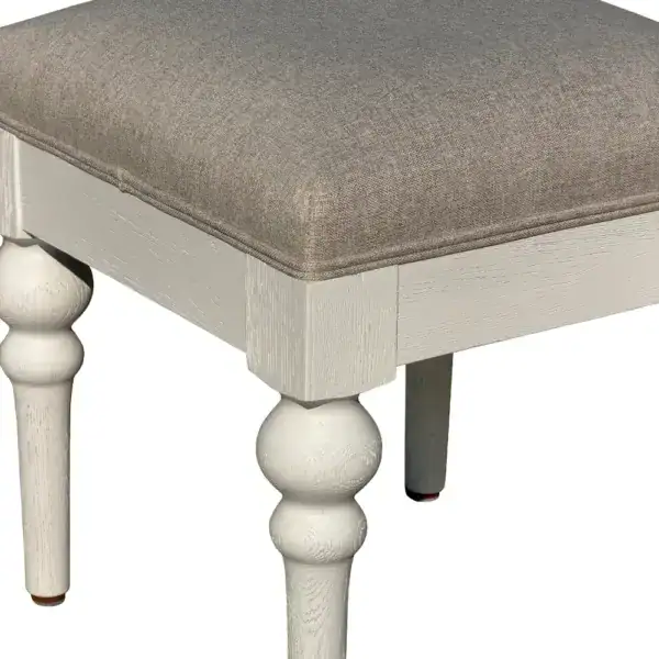Elegant vintage vanity stool with solid oak frame and pure linen fabric upholstery. Perfect for classic bedroom decor, offering comfort and timeless style. Ideal for dressing tables or as an accent pi.