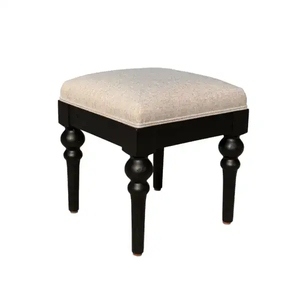 Elegant vintage vanity stool with solid oak frame and pure linen fabric cushion. Perfect for classic bedroom decor, offering comfort and timeless style. Ideal for dressing tables or as an accent piece.