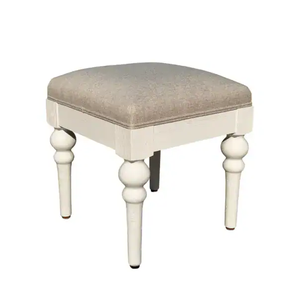 Elegant vintage vanity stool with solid oak frame and pure linen fabric cushion. Perfect for classic bedroom decor, offering comfort and timeless style. Ideal for dressing tables or as an accent piece.