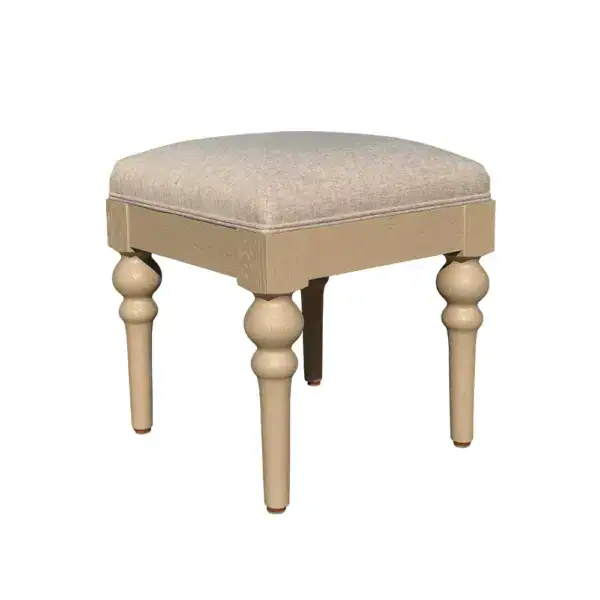 Vintage oak vanity stool upholstered in pure linen fabric, featuring a classic design with turned wooden legs. Perfect for dressing rooms, bedrooms, or as an elegant accent piece.