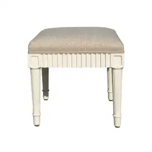 Antique French-style stool with oak wood frame and pure linen upholstered seat, perfect for elegant interior decor. Crafted with high-quality materials, blending vintage charm with modern sophisticati.