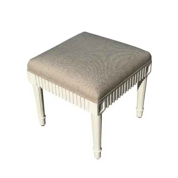 Antique French-style stool with oak wood frame and pure linen upholstered seat, perfect for luxury interior decor. Elegant design combining vintage charm with high-quality materials.