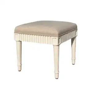 French antique-style stool with oak wood frame and pure linen cushion, perfect for elegant interiors. Features a classic design with detailed craftsmanship, ideal for luxurious decor.