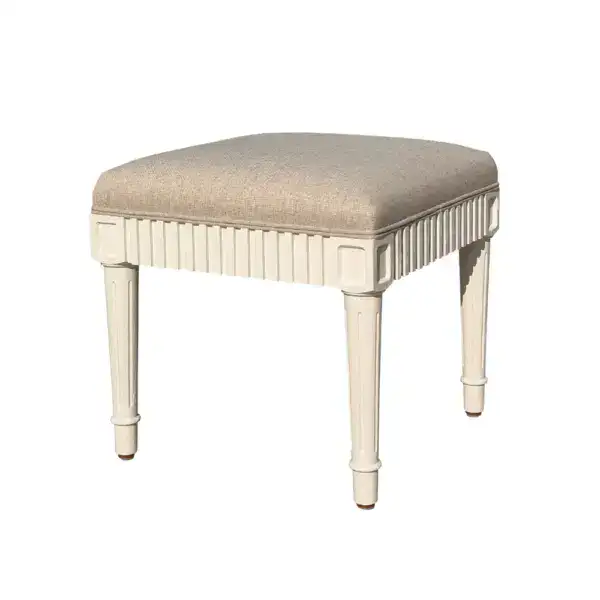 French antique-style stool with oak wood frame and pure linen cushion, perfect for elegant interiors. Features a classic design with detailed craftsmanship, ideal for luxurious decor.