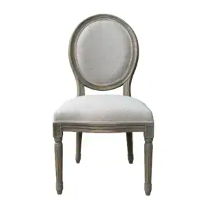 Elegant Louis-style oval back dining chair with antique gray finish and upholstered seat.