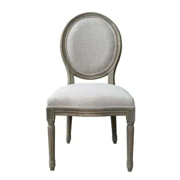 Elegant Louis-style oval back dining chair with antique gray finish and upholstered seat.