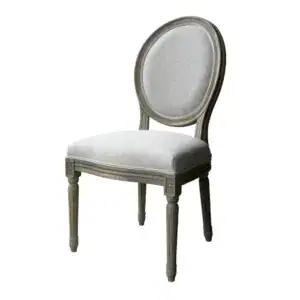 Elegant French antique Louis-style oval back dining chair with carved wooden frame and light upholstery. Perfect for classic dining rooms, showcasing vintage craftsmanship and timeless design.
