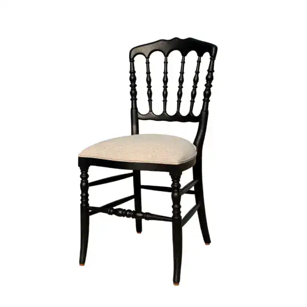 Antique style solid oak wood Regency dining chair with a black finish and upholstered seat, featuring classic spindle back design. Perfect for vintage or traditional dining room decor.