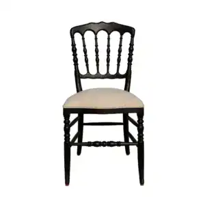 Elegant antique-style solid oak Regency dining chair with a black finish and upholstered seat.