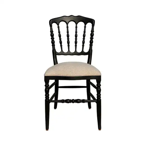 Elegant antique-style solid oak Regency dining chair with a black finish and upholstered seat.
