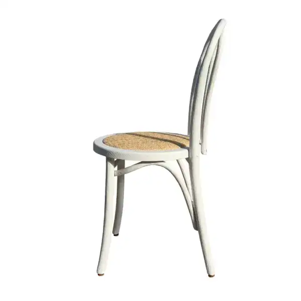 Vintage French style rattan seat bentwood dining chair, featuring a white painted finish and woven rattan seat, ideal for classic or rustic interior decor.
