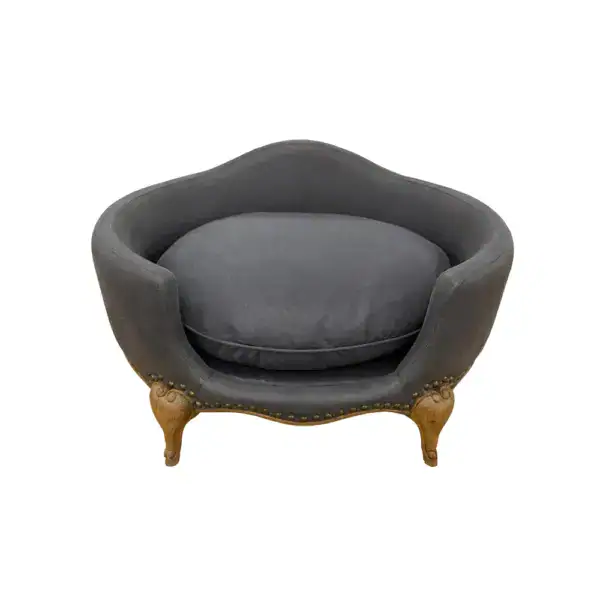 Elegant French-style dark gray pet bed with plush cushioning, perfect for cats and small dogs. Features a soft, comfortable interior and stylish wooden legs, ideal for modern home decor.