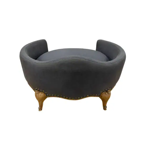Elegant dark gray pet bed with a French-inspired design, soft cushioning, and wooden legs, perfect for stylish cats and small dogs seeking comfort and luxury.