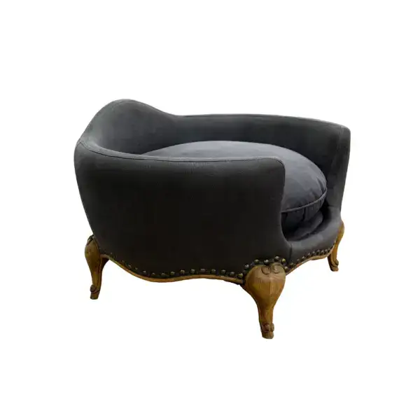 Luxury dark gray French-style pet bed with soft cushioning for cats and dogs, featuring elegant wooden legs and a cozy, plush interior for comfort and style.