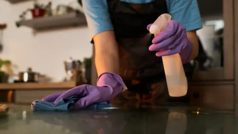 Person wearing purple gloves cleaning antique wooden furniture with spray bottle and cloth, ensuring safe and gentle cleaning.